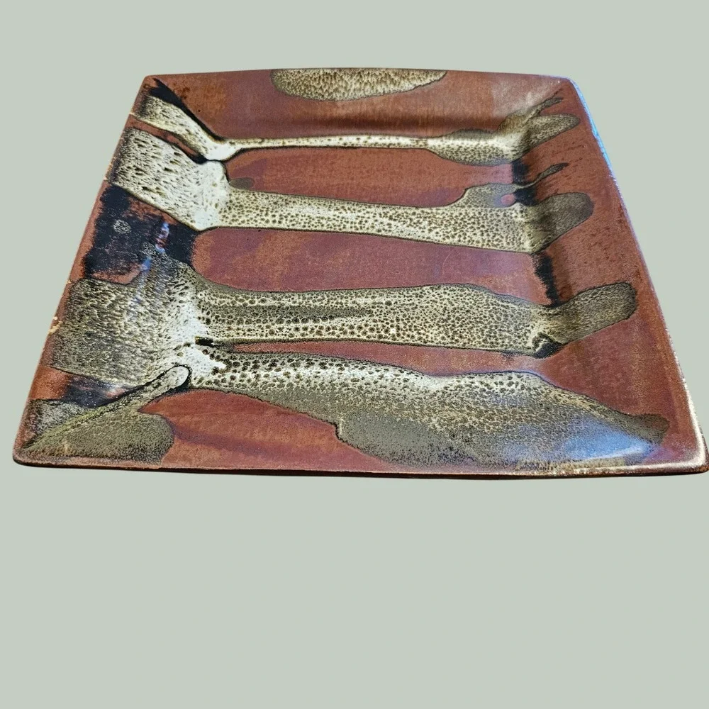 Vintage Studio Art Pottery Square Platter Drip Glaze Stoneware 12